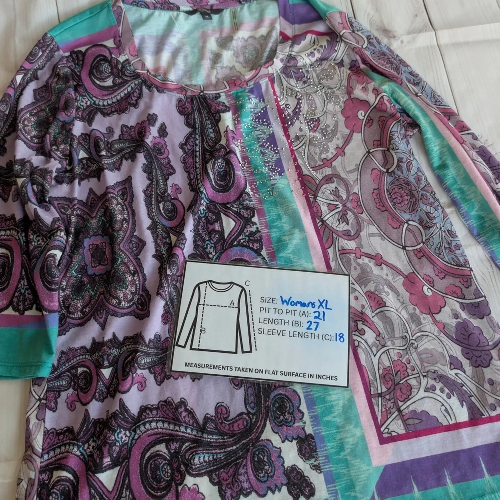Women’s Size XL Knit Top Paisley Embellished Scoop Purple 3/4 Sleeve Kiara - Picture 9 of 11